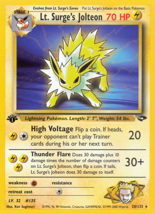 Lt. Surge's Jolteon, card 28 from Gym Challenge