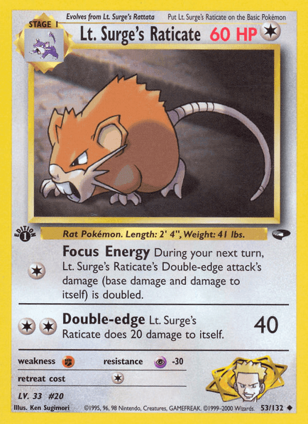 Lt. Surge's Raticate, card 53 from Gym Challenge