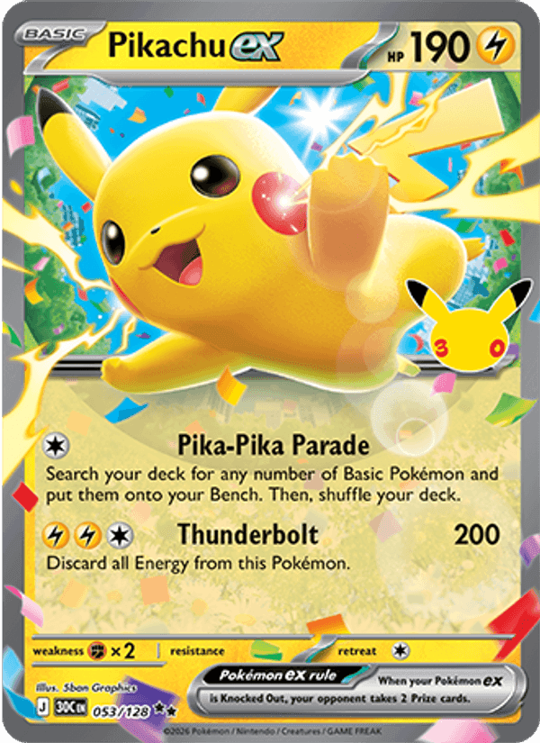 Pikachu ex, card 053 from 30th Celebration