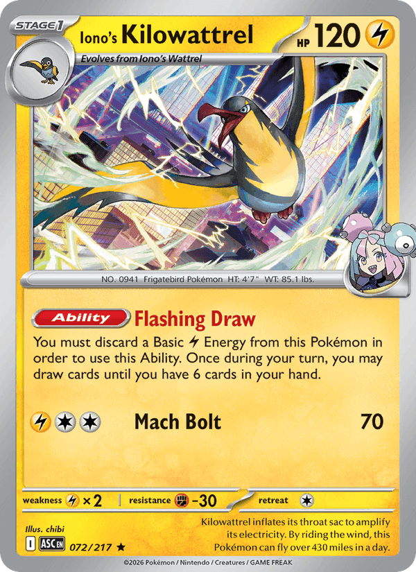 Iono's Kilowattrel, card 072 from Ascended Heroes