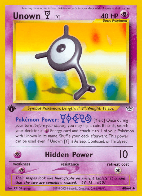 Unown [Y], card 40 from Neo Revelation