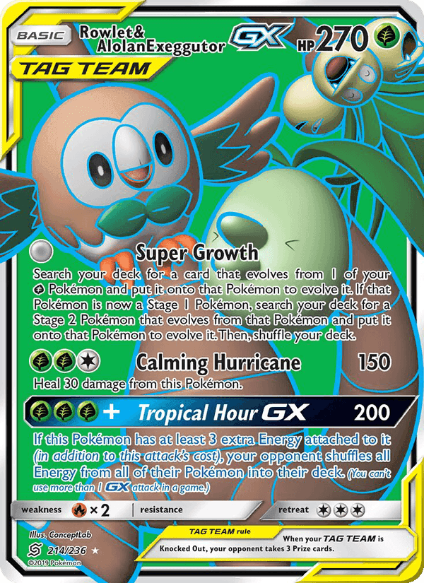 Rowlet & Alolan Exeggutor GX, card 214 from Unified Minds