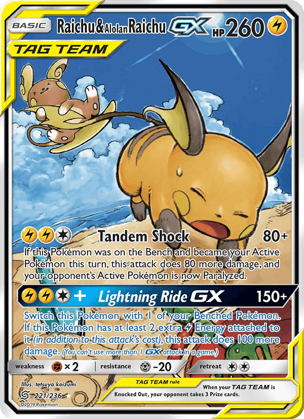 ミラクルツイン の 221 番、Raichu & Alolan Raichu GX
