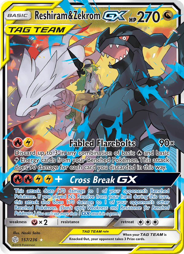 Reshiram & Zekrom GX, card 157 from Cosmic Eclipse