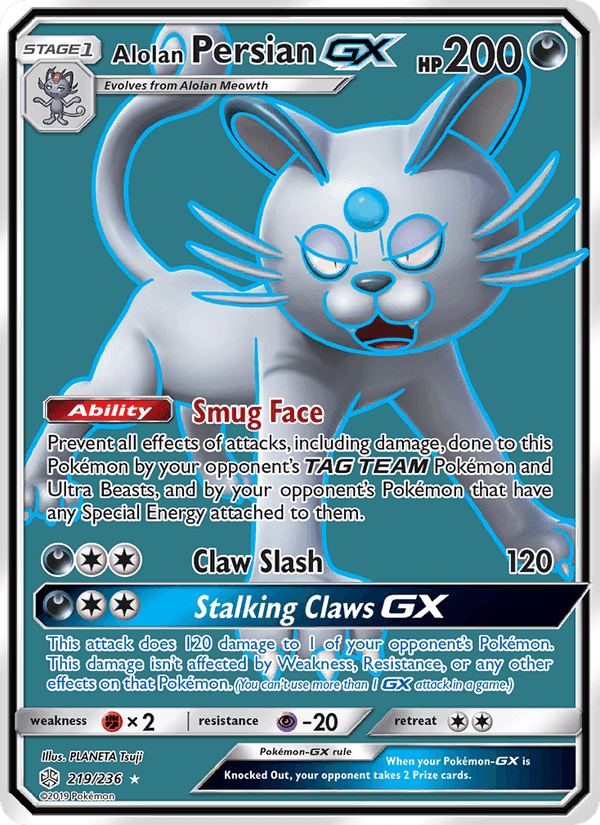 Alolan Persian GX, card 219 from Cosmic Eclipse