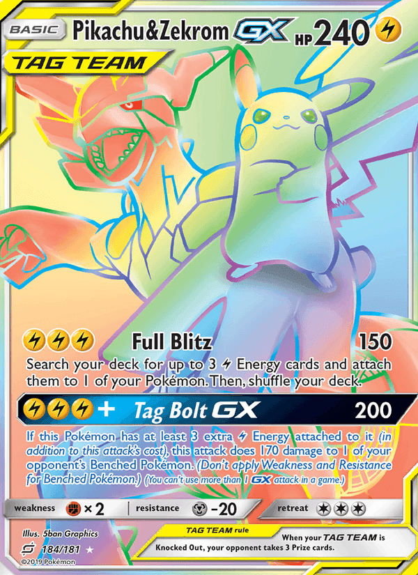 Pikachu & Zekrom GX, card 184 from Team Up