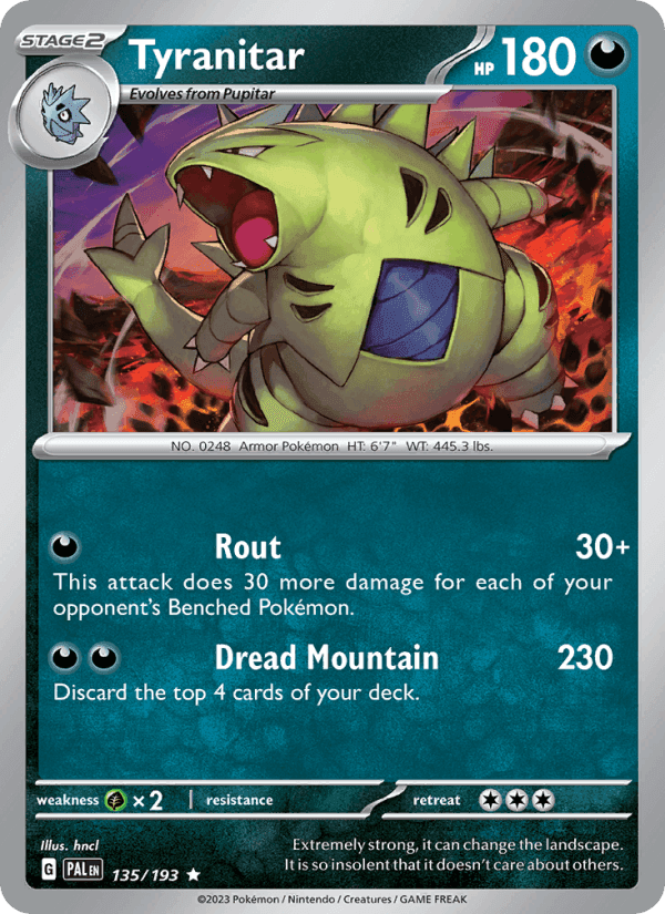 Tyranitar, card 135 from Paldea Evolved