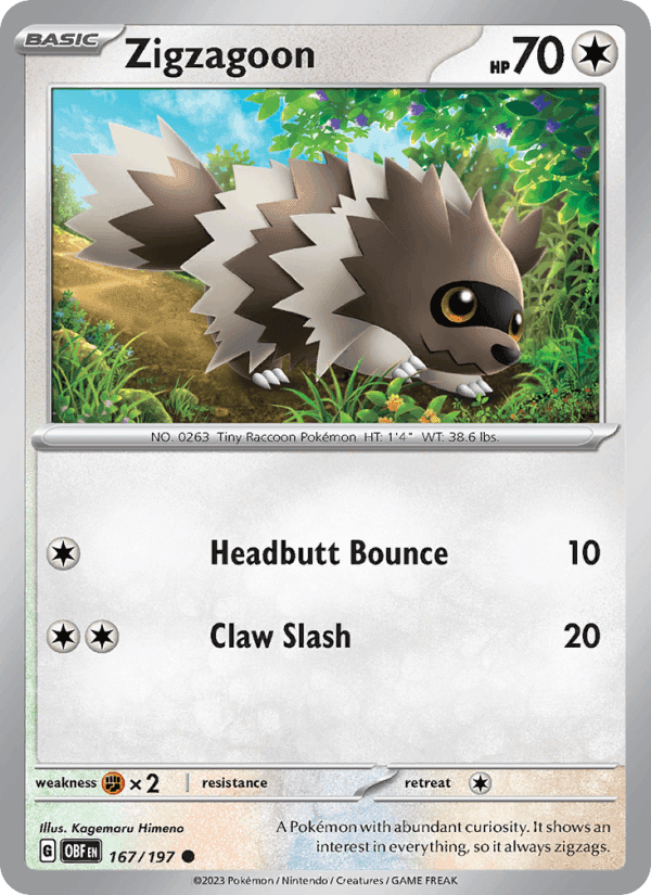Zigzagoon, card 167 from Obsidian Flames