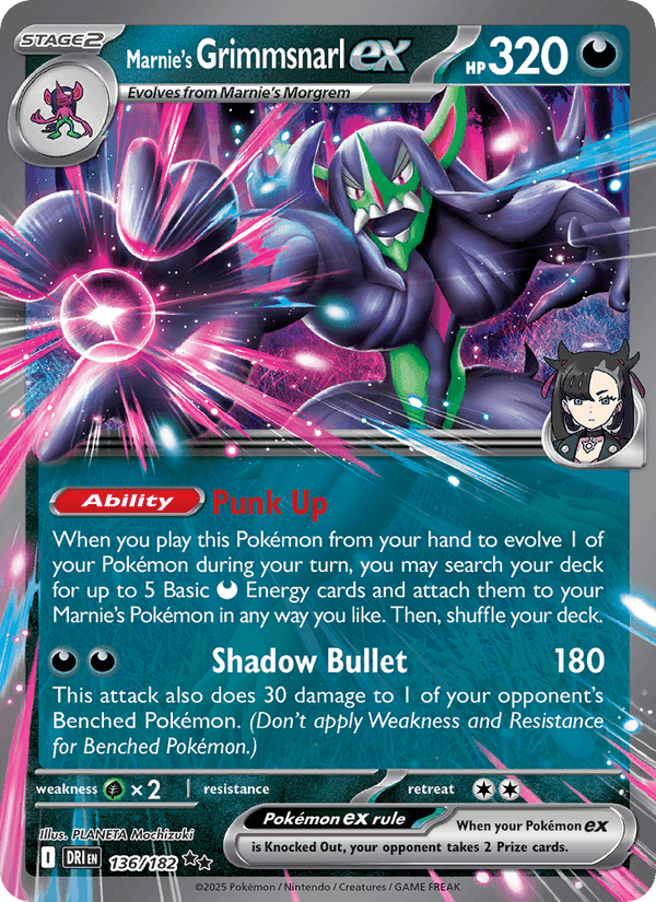 Marnie's Grimmsnarl ex, card 136 from Destined Rivals