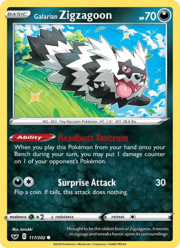 Galarian Zigzagoon, card 117 from Sword & Shield