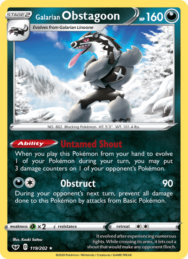 Galarian Obstagoon, card 119 from Sword & Shield