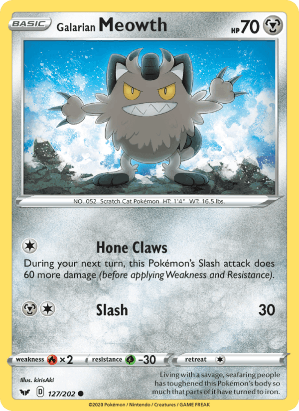 Galarian Meowth, card 127 from Sword & Shield