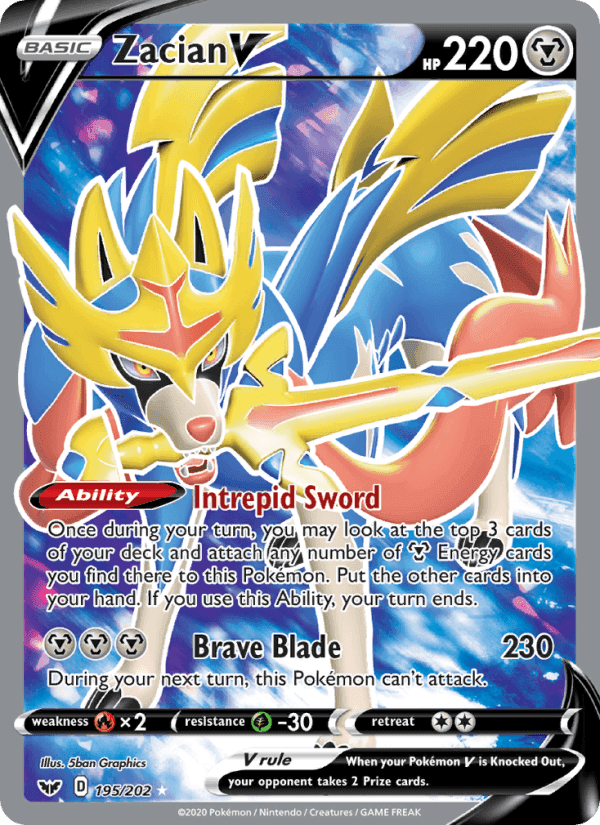 Zacian V, card 195 from Sword & Shield