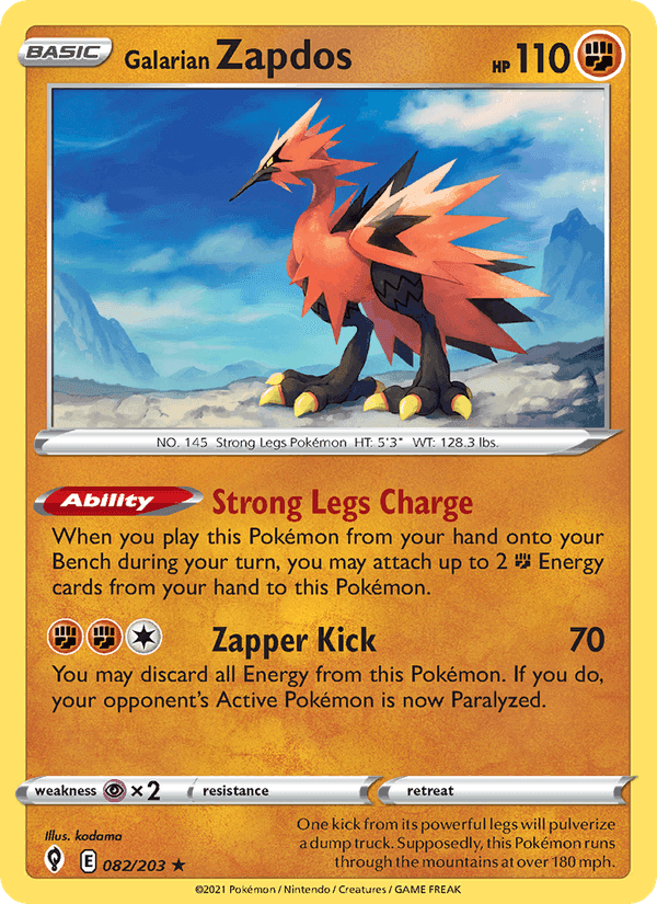 Galarian Zapdos, card 82 from Evolving Skies