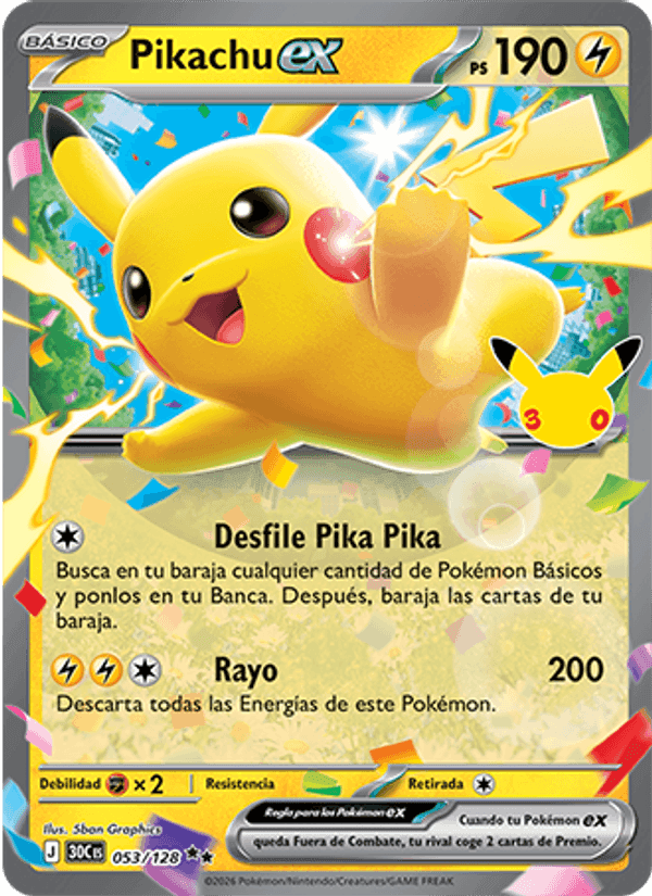 Pikachu ex, card 053 from Celebración 30.º Aniversario