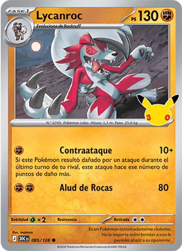 Lycanroc, carte 085 de Celebración 30.º Aniversario
