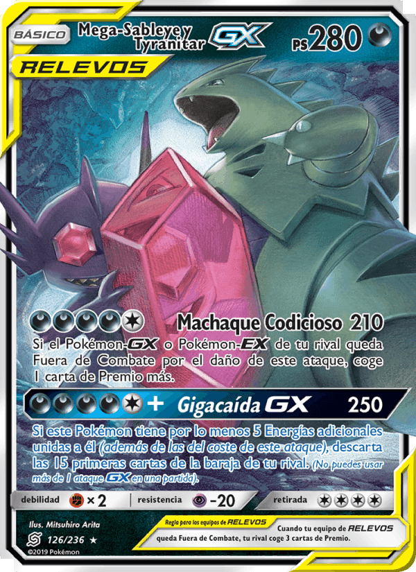 Mega-Sableye y Tyranitar GX, card 126 from Mentes Unidas