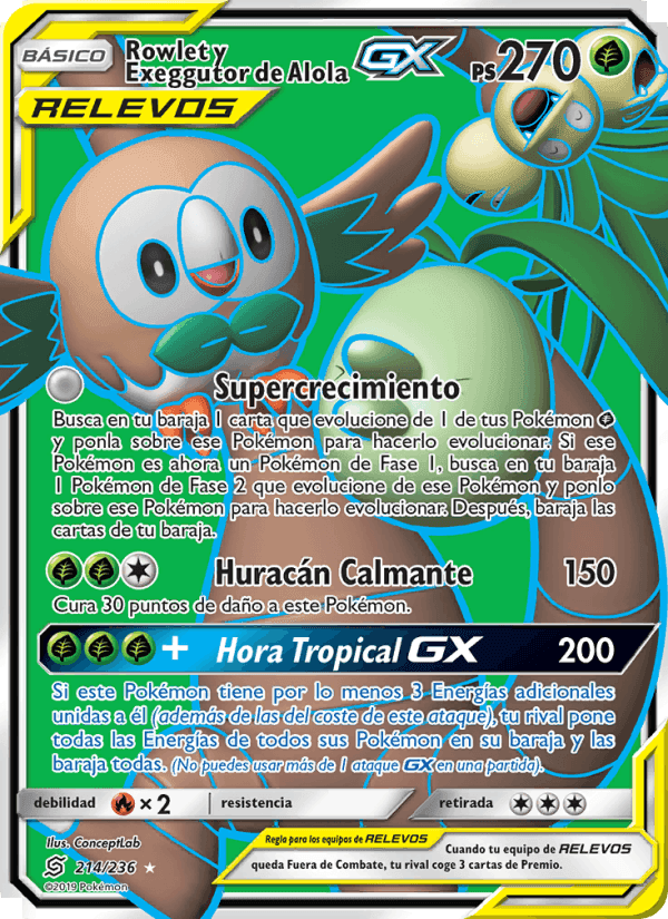Rowlet y Exeggutor de Alola GX, carta 214 de Mentes Unidas