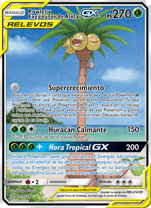 Rowlet y Exeggutor de Alola GX, card 215 from Mentes Unidas
