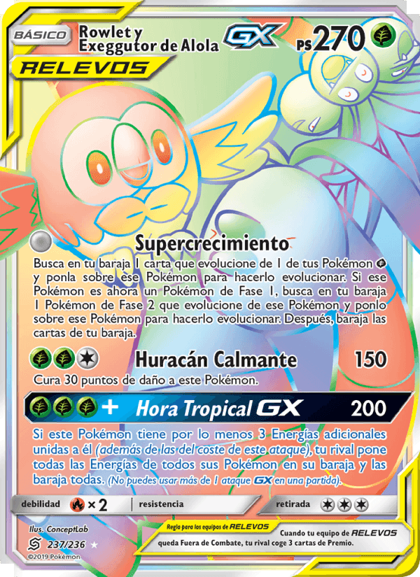 Rowlet y Exeggutor de Alola GX, carta 237 de Mentes Unidas