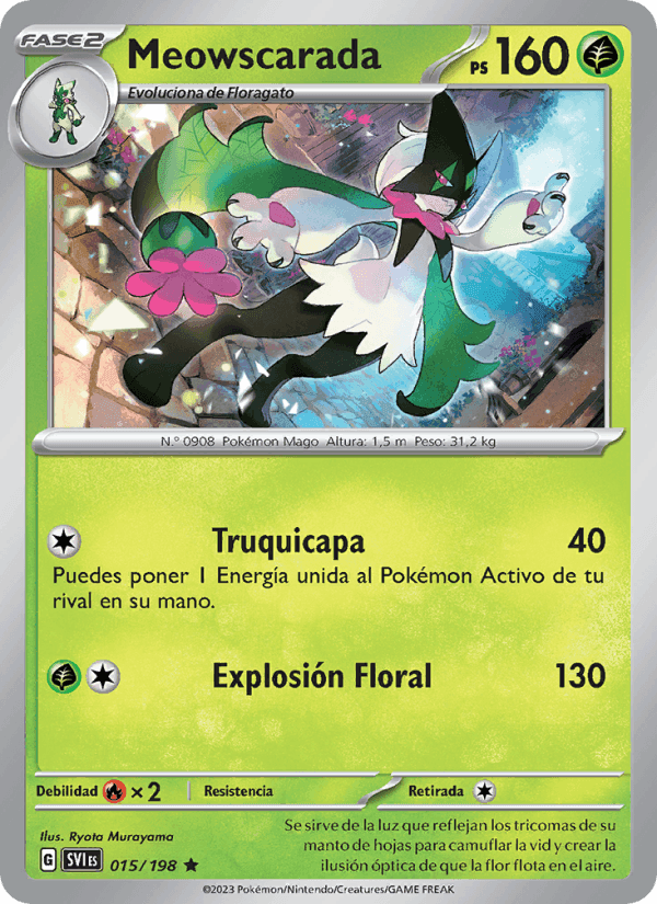 Meowscarada, card 015 from Escarlata y Púrpura