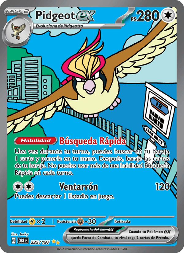 Pidgeot ex, carta 225 di Llamas Obsidianas