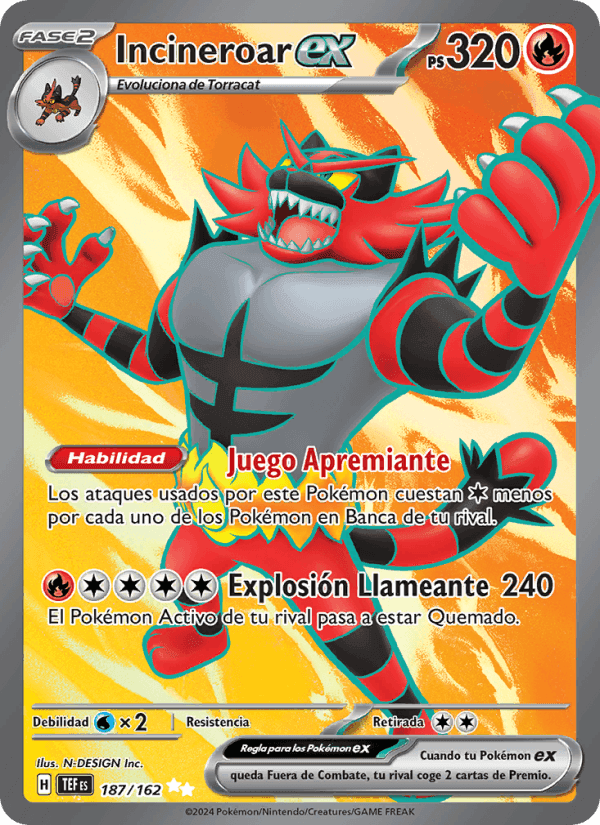 Incineroar ex, card 187 from Fuerzas Temporales