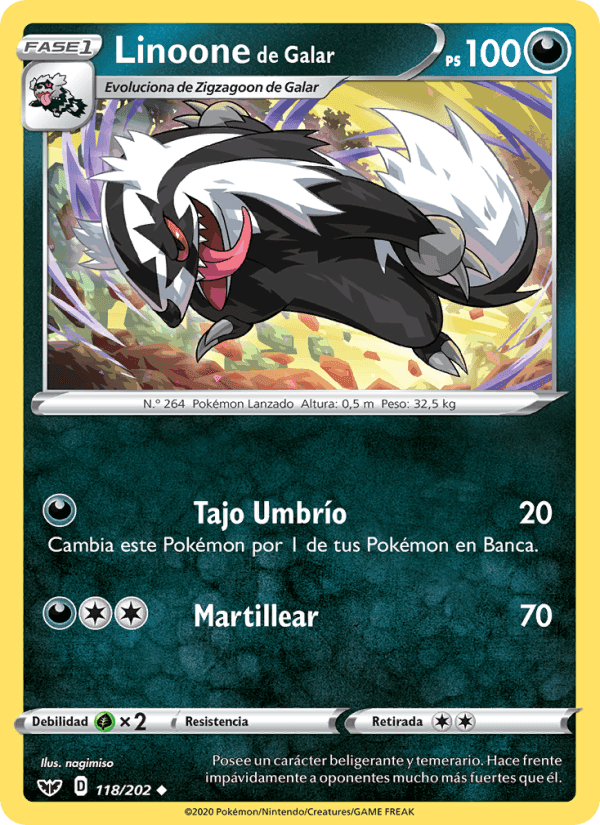 Linoone de Galar, carta 118 de Espada y Escudo