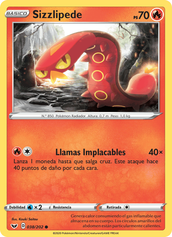 Sizzlipede, card 38 from Espada y Escudo