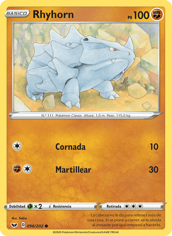 Rhyhorn, card 96 from Espada y Escudo