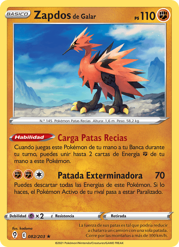 Zapdos de Galar, carta 82 de Cielos Evolutivos