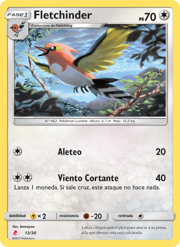 Fletchinder, carta 13 de Kit de Entrenador Sol y Luna (Lycanroc)