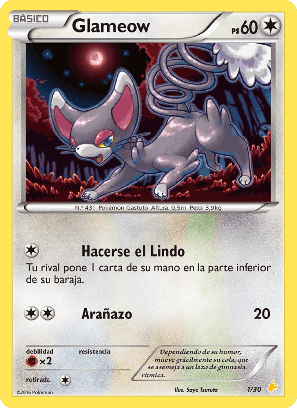 Glameow, carta 1 di Kit de Entrenador XY (Pikachu Enmascarada)