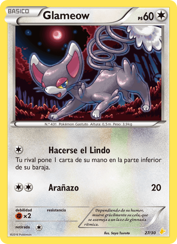 Glameow, card 27 from Kit de Entrenador XY (Pikachu Enmascarada)