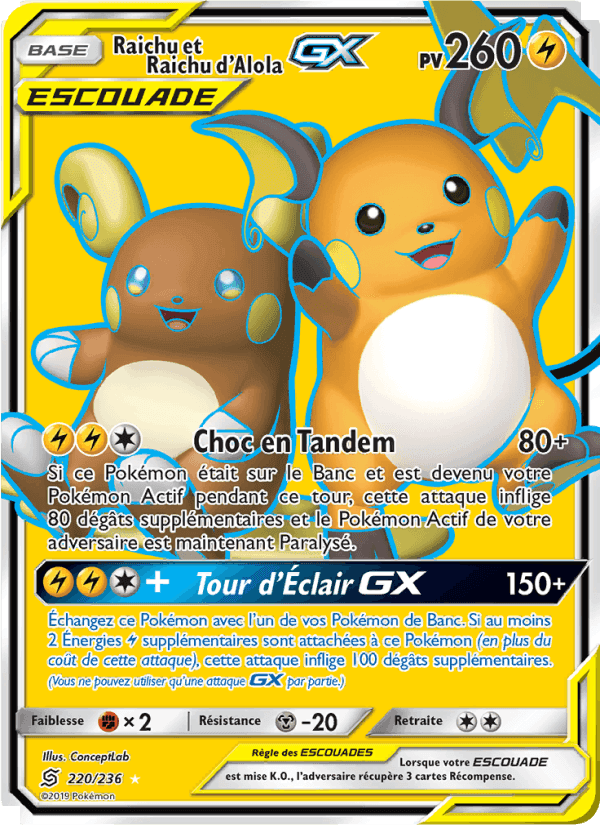 Raichu et Raichu d’Alola GX, carte 220 de Harmonie des Esprits