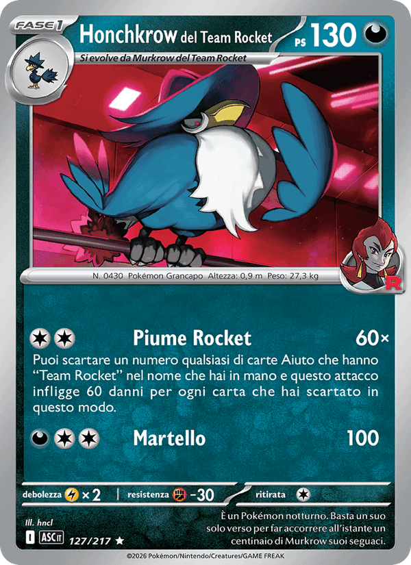 Honchkrow del Team Rocket, card 127 from Ascesa Eroica