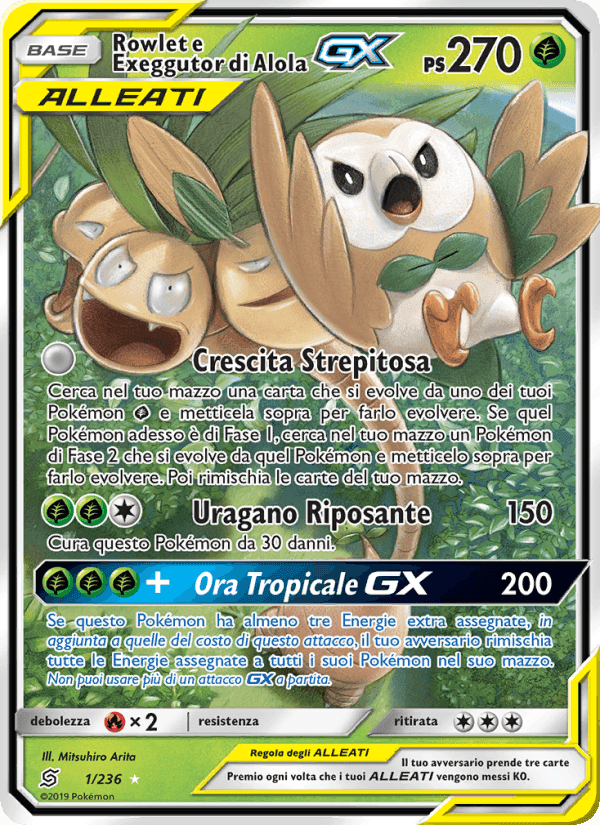Rowlet e Exeggutor di Alola GX, carta 1 di Sintonia Mentale