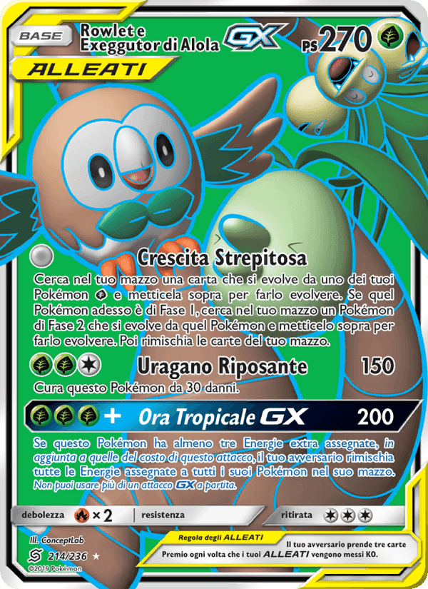 Rowlet e Exeggutor di Alola GX, carte 214 de Sintonia Mentale