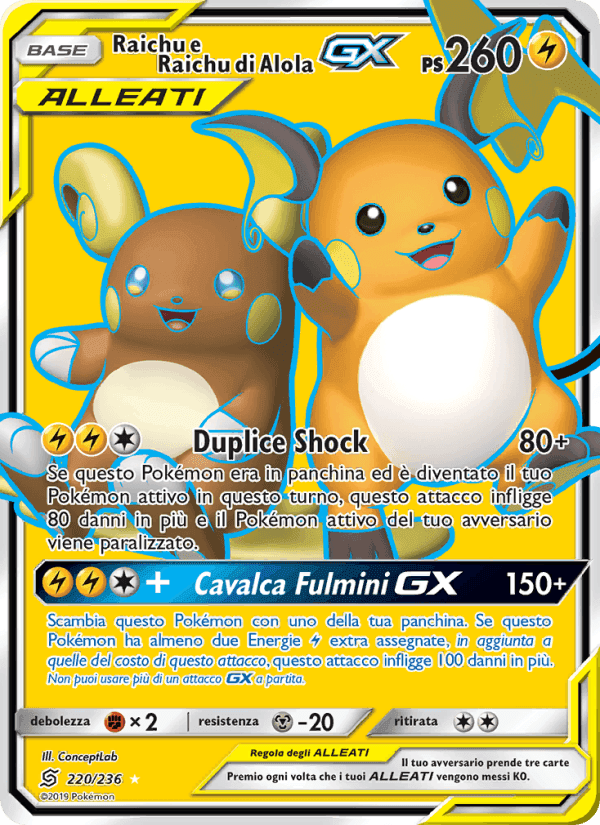 Raichu e Raichu di Alola GX, carte 220 de Sintonia Mentale