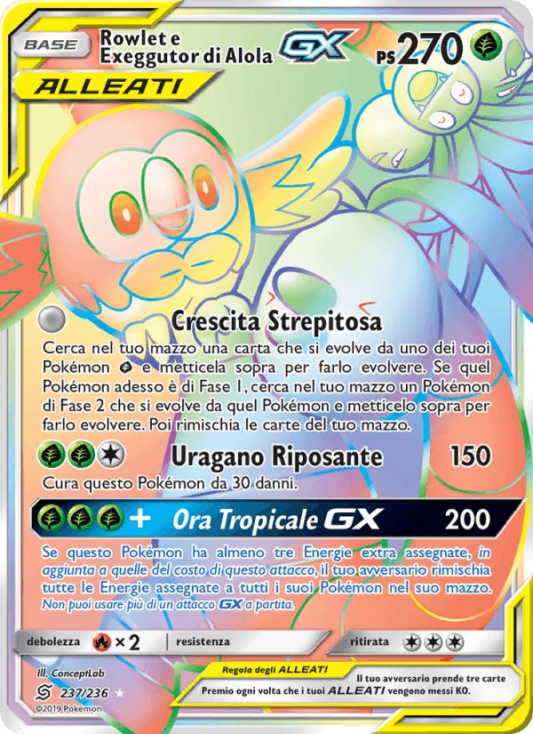 Rowlet e Exeggutor di Alola GX, carte 237 de Sintonia Mentale