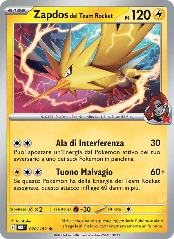 Zapdos del Team Rocket, carte 070 de Rivali Predestinati