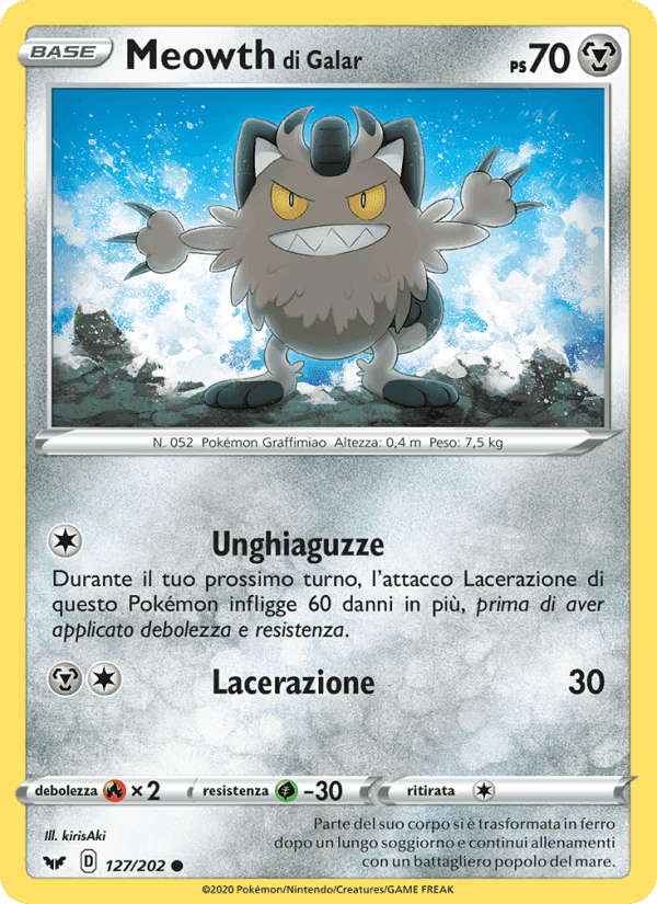 Meowth di Galar, carta 127 di Spada e Scudo
