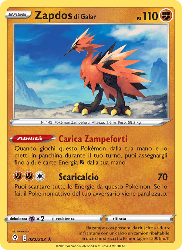 Zapdos di Galar, carta 82 de Evoluzioni Eteree