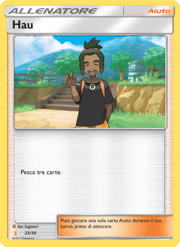 Hau, carta 23 di Sole e Luna trainer Kit (Alolan Raichu)