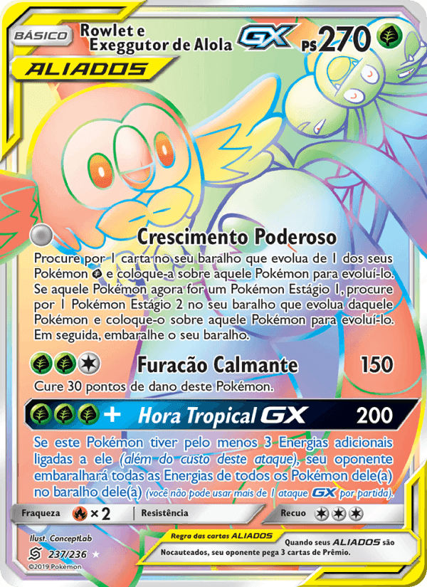 Rowlet e Exeggutor de Alola GX, carta 237 de Sintonia Mental