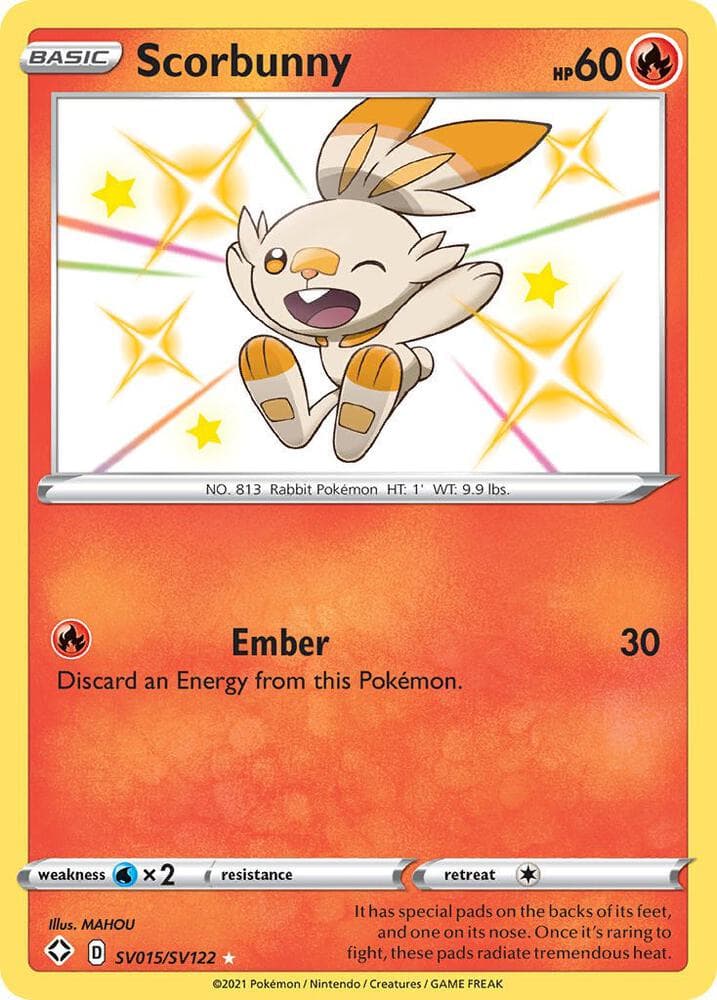 Scorbunny, card SV015 from Shining Fates Shiny Vault