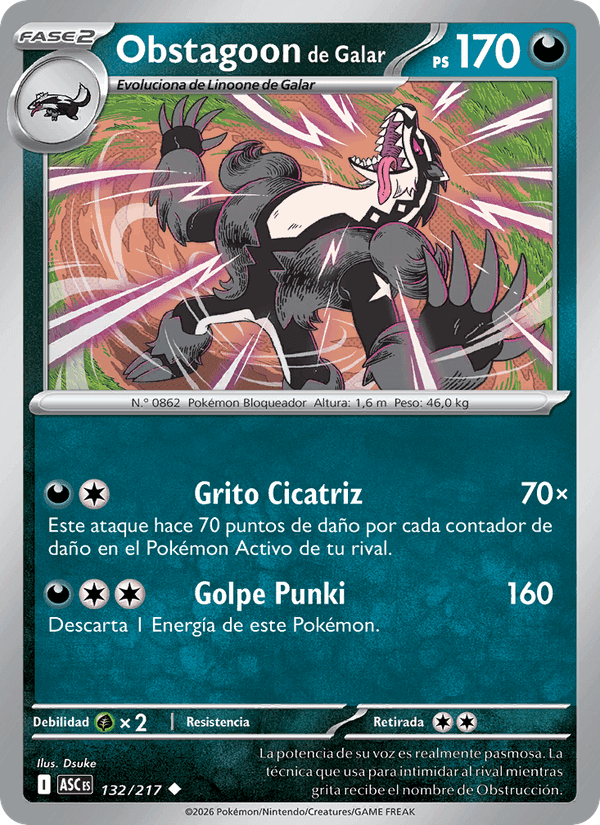 Obstagoon de Galar, carta 132 de Héroes Ascendentes