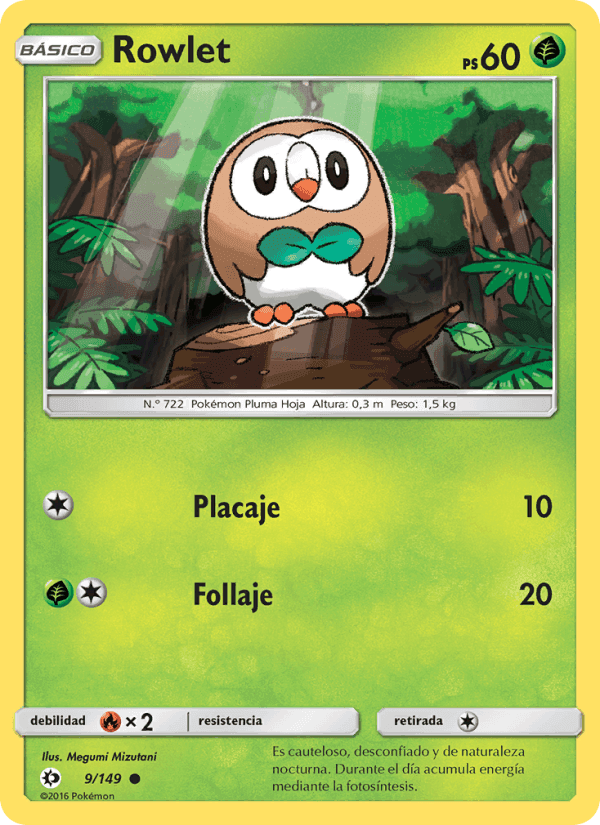 Rowlet, carta 9 de Sol y Luna